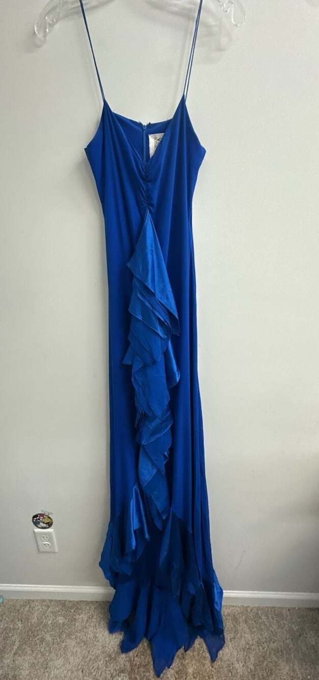 Juan Carlos Pinera 100% Silk Royal Blue Spaghetti Strap Ruffle Maxi Dress